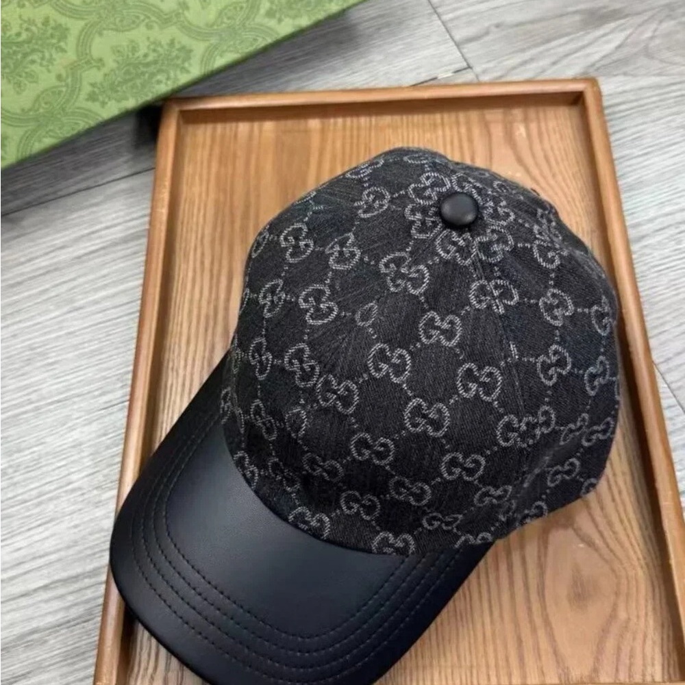 Gucci Black and Grey Double-G Monogram Canvas Baseball Cap with Leather Brim